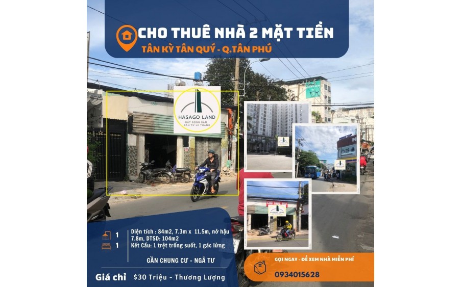 Cho thuê Nhà 2 Mặt Tiền Tân Kỳ Tân Quý,84m2, 30triệu,NGANG 7M-gần Chung Cư